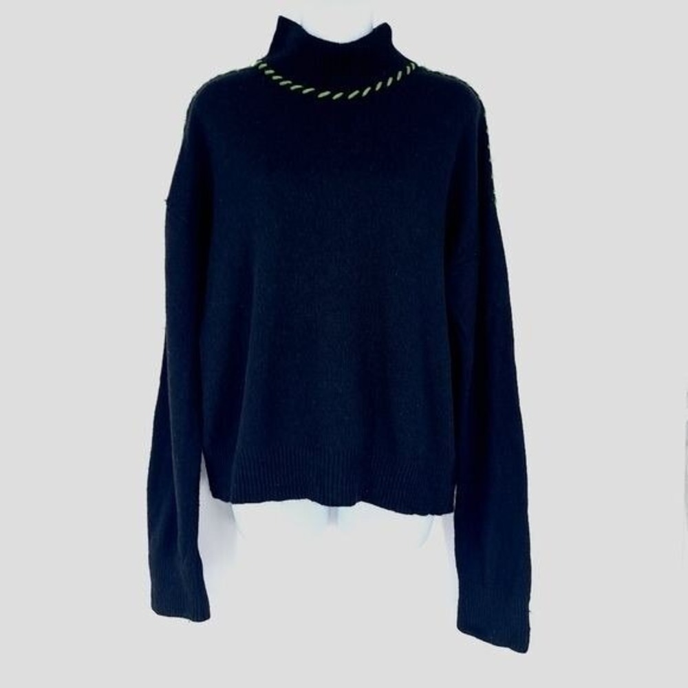 Crescent Cashmere Blend Black Mock Neck Contrast‎ Stitch Sweater Women's Size L